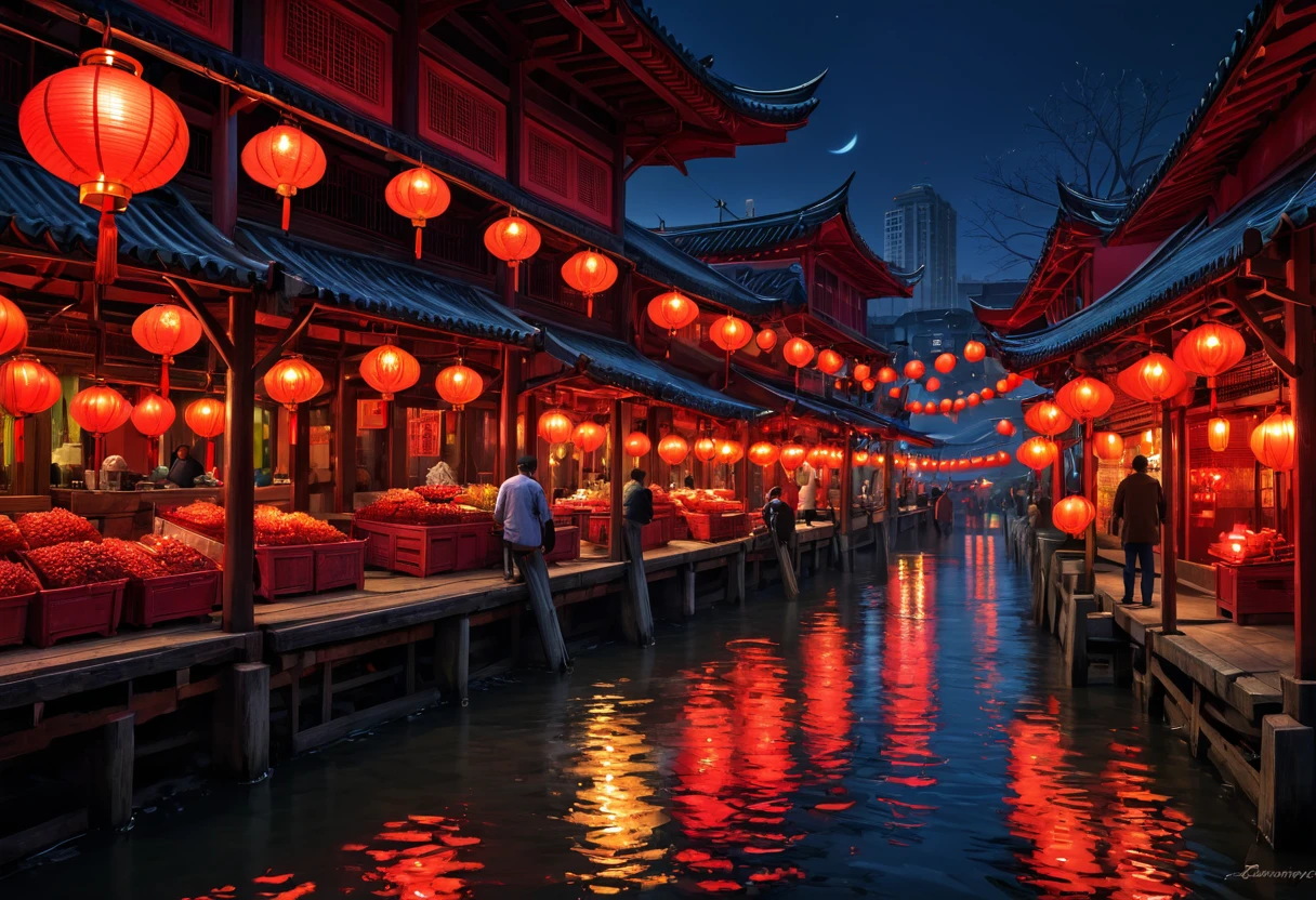 river market, red lantern, night, red lighting, HDR, 4k resolution, (painting realistic : 1.3), (ultra high resolution: 1.0 ), (((best quality, 8 thousand, masterpiece:1.4))