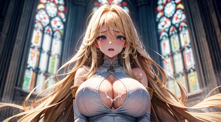 1 woman、portrait of young european woman、wealthy class、beautiful blonde hair、very long hair of golden color、best face、detailed face、masterpiece、Natural light、long eyelashes、thick eyelashes、24-years-old、No sleeve、tall、the best beauty、Ephemeral beauty、Eyes as blue as the sea、cheeks are stained red、looking at the viewer、Slender、tall、Height 180cm、slender、Height、((sweaty))、A lot of sweat is running down my face、raising both arms up、troubled face、(((steaming body))), 8K quality、tears、tears目、Biting your lip、a regretful face、staring at the viewer、clothes are transparent, church, stained glass, (gigantic breast), white dress, long gloves, open mouth, (((((cum in pussy))))), full body shot