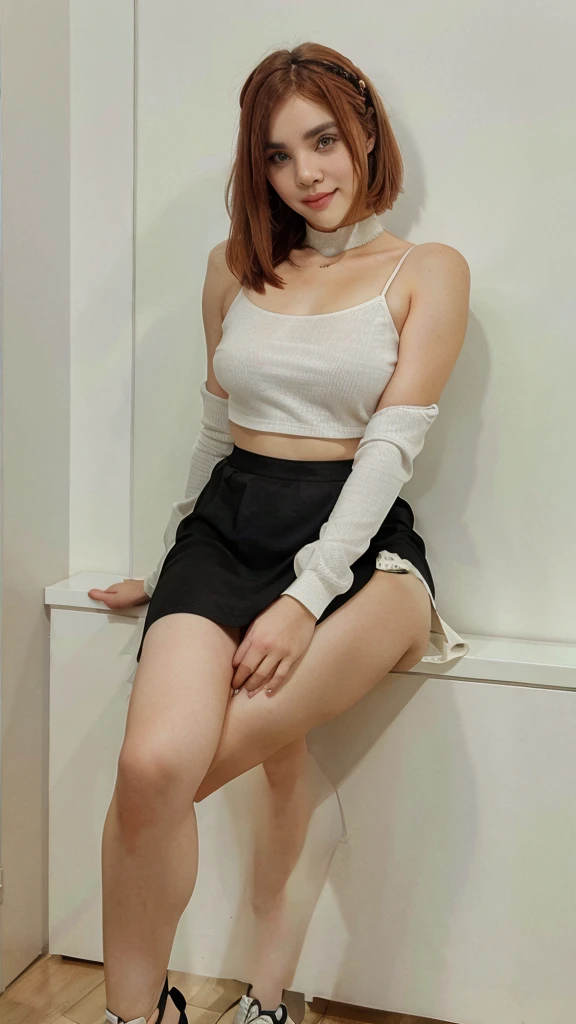 tight white blouse, Big bust, tight black skirt, knee length skirt, smiling, flirty face, in the office, neckline
