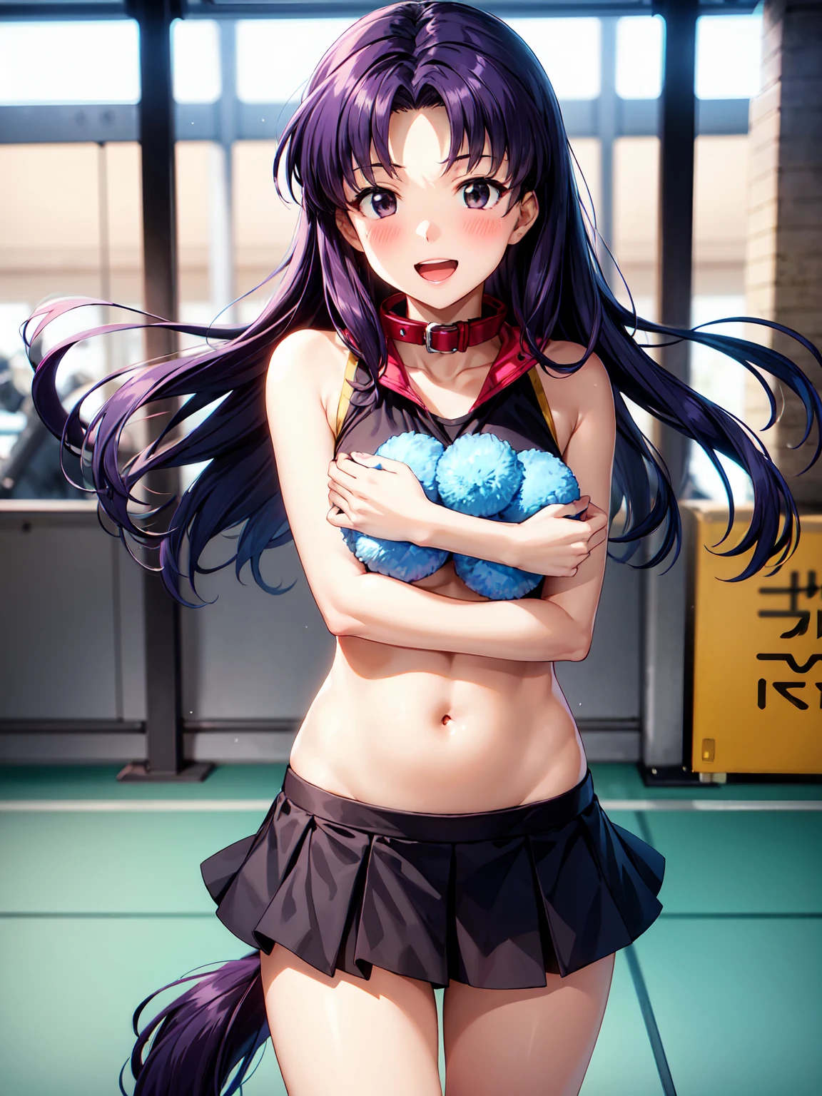 Masterpiece ,Best Quality , high resolution , ultra detail , showy , Luz outfit , soft light , sunlight , bright , (perfect fingers , detailed fingers, perfect hands) , (1 girl solo:1.38) , (Misato Katsuragi) , (black eyes, Horse tail , purple Hair, half_long_Hair, make up, collar, high, Skinny body,) , (Animator , applause , holding pompom , Skirt , belly button , stomach , socks , nod) , (neckline:1.15) , (big chest:1.1) , (exterior , gym,playing field,entertainers ,Strong winds,gale,flying ribbons,victoria) , (standing cowboy shot) , ( full face blush , shy , SMILE , Open mouth) , (face viewer , look at the viewer)