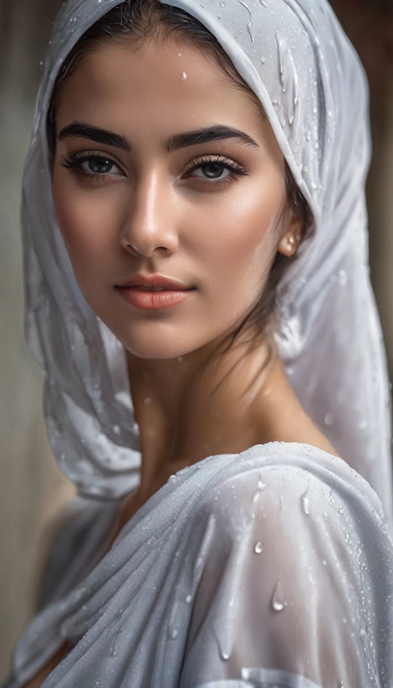 ((masterpiece, highest quality, Highest image quality, High resolution, photorealistic, Raw photo, 8K)), sexy girls, big tist, wet clothes, sweat splashes, hijab style