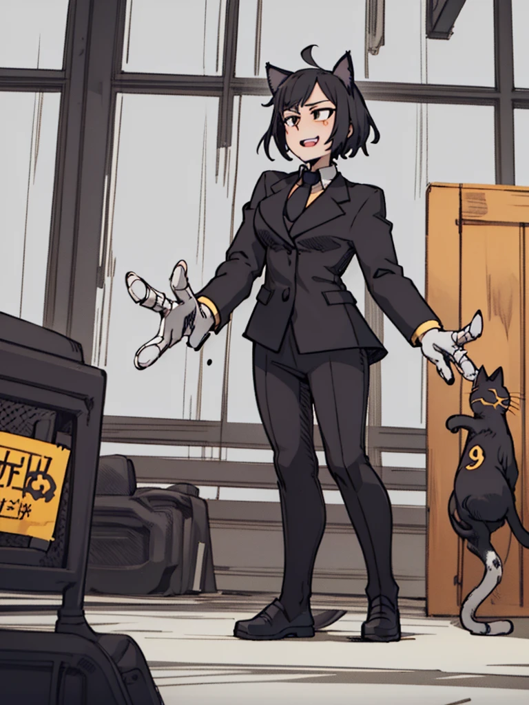 Score_9, score_8_up, score_7_up, score_6_up, gyaru, source_アニメ, 1girl, 独奏, standing position scratching the spectator, a cat woman, with cat ears, sharped teeth, a black suit, crazy and malicious smile, olhar malicioso, short and spiky hair, sharp fingernails.