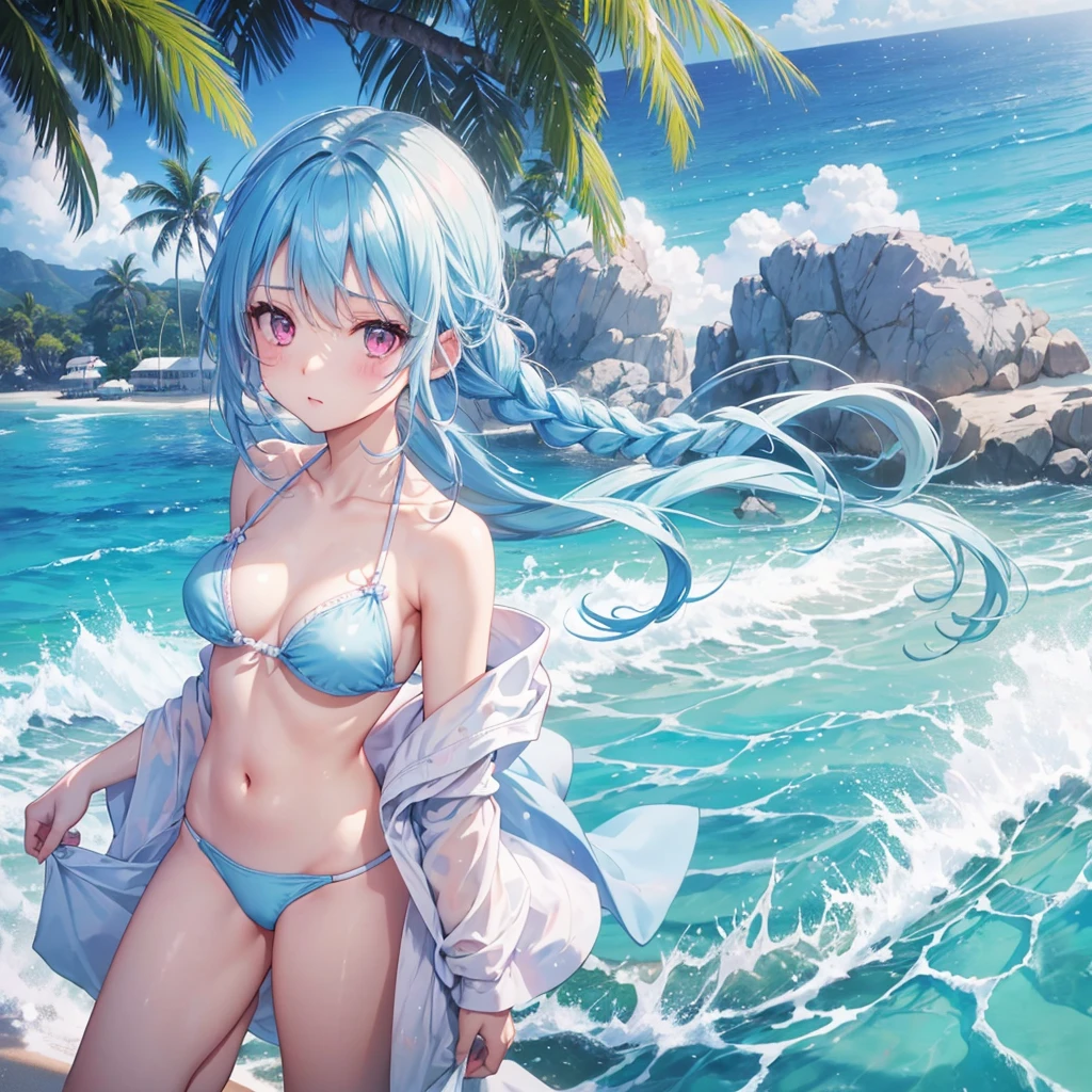 (Sky blue hair),(Braided hair tied together)、Pink eyes、Nipples、Fair skin、(whole body)、(One Girl)、bikini、Shining white sand beach in midsummer、Okinawa's ocean、A happy smile、、(masterpiece、Highest quality、Very detailed、Best Shadow)、(Detailed Background)、(Beautifully detailed face)、High contrast、(Best lighting、Very delicate and beautiful)、((Cinematic Light))、colorful、Hyper Detail、Dramatic Light、Exquisite detail、Jumping and having fun