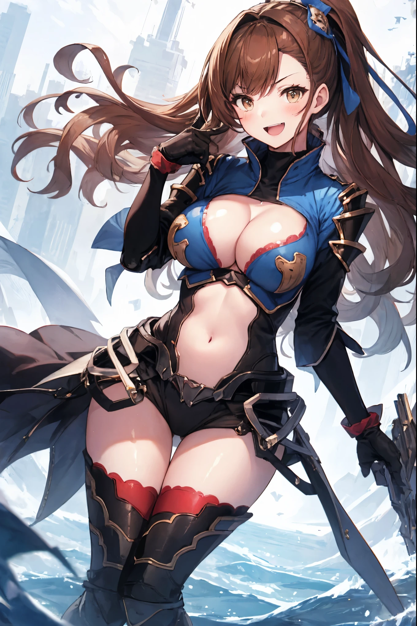 masterpiece, best quality, 1teen_girl,def,beatrix, ponytail, hair ribbon, gauntlets, blue shirt, gloves, cleavage cutout, looking at viewer, big_smile, large breasts, sky ,,happy,covered_nipples,young_,full_of_beans,,laugh,blush,open_mouth,thigh-highs, glower,open_legs,rise_knee,(angry:0.8)