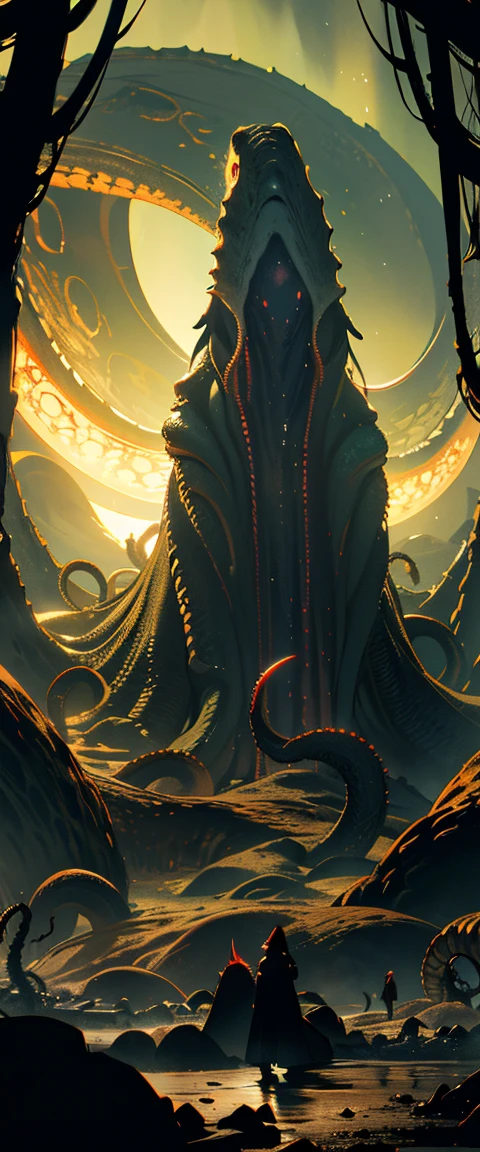 ((masterpiece, highest quality, Highest image quality, High resolution, photorealistic, Raw photo, 8K)), (people taking pictures of a giant creature with their cell phones), Giant female creature, big breasts, big butt, huge tentacles, lovecraftian background, lovecraftian atmosphere, giant cthulhu, huge creature, gigantic cthulhu, giant ethereal creature, eldritch being, lovecraftian monster, giant tentacles, an ominous fantasy illustration, looming creature with a long, nyarlathotep, lovecraftian landscape,