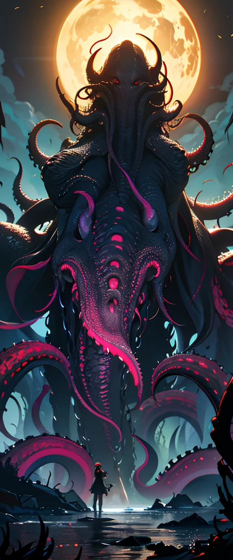 ((masterpiece, highest quality, Highest image quality, High resolution, photorealistic, Raw photo, 8K)), (people taking pictures of a giant creature with their cell phones), Giant female creature, big breasts, big butt, huge tentacles, lovecraftian background, lovecraftian atmosphere, giant cthulhu, huge creature, gigantic cthulhu, giant ethereal creature, eldritch being, lovecraftian monster, giant tentacles, an ominous fantasy illustration, looming creature with a long, nyarlathotep, lovecraftian landscape,