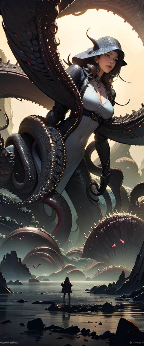 ((masterpiece, highest quality, Highest image quality, High resolution, photorealistic, Raw photo, 8K)), (people taking pictures of a giant creature with their cell phones), Giant female creature, big breasts, big butt, huge tentacles, lovecraftian background, lovecraftian atmosphere, giant cthulhu, huge creature, gigantic cthulhu, giant ethereal creature, eldritch being, lovecraftian monster, giant tentacles, an ominous fantasy illustration, looming creature with a long, nyarlathotep, lovecraftian landscape,