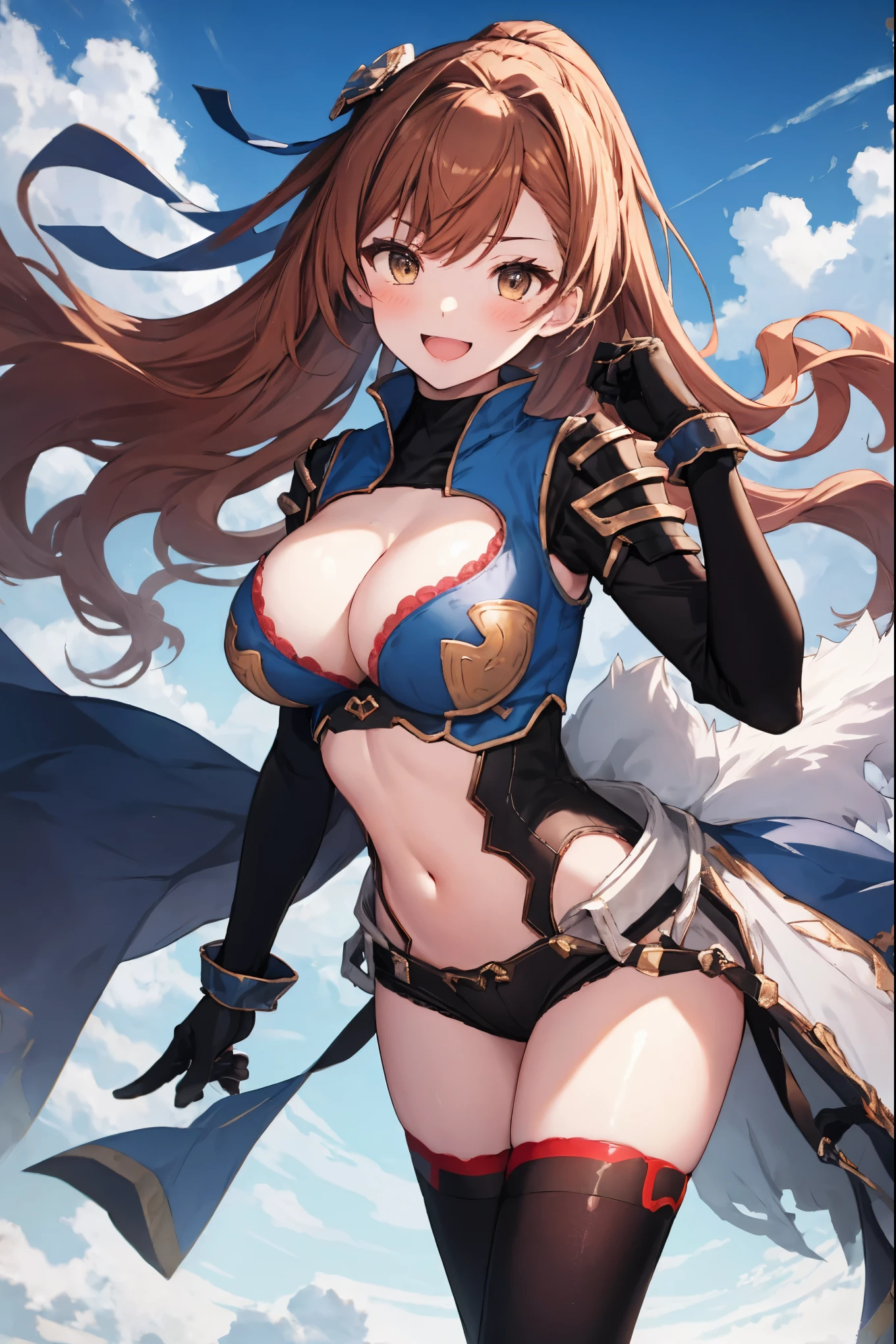 masterpiece, best quality, 1teen_girl,def,beatrix, ponytail, hair ribbon, gauntlets, blue shirt, gloves, cleavage cutout, looking at viewer, big_smile, large breasts, sky ,,happy,covered_nipples,young_teen,full_of_beans,,laugh,blush,open_mouth,thigh-highs, glower,open_legs,rise_knee,(angry:0.8)