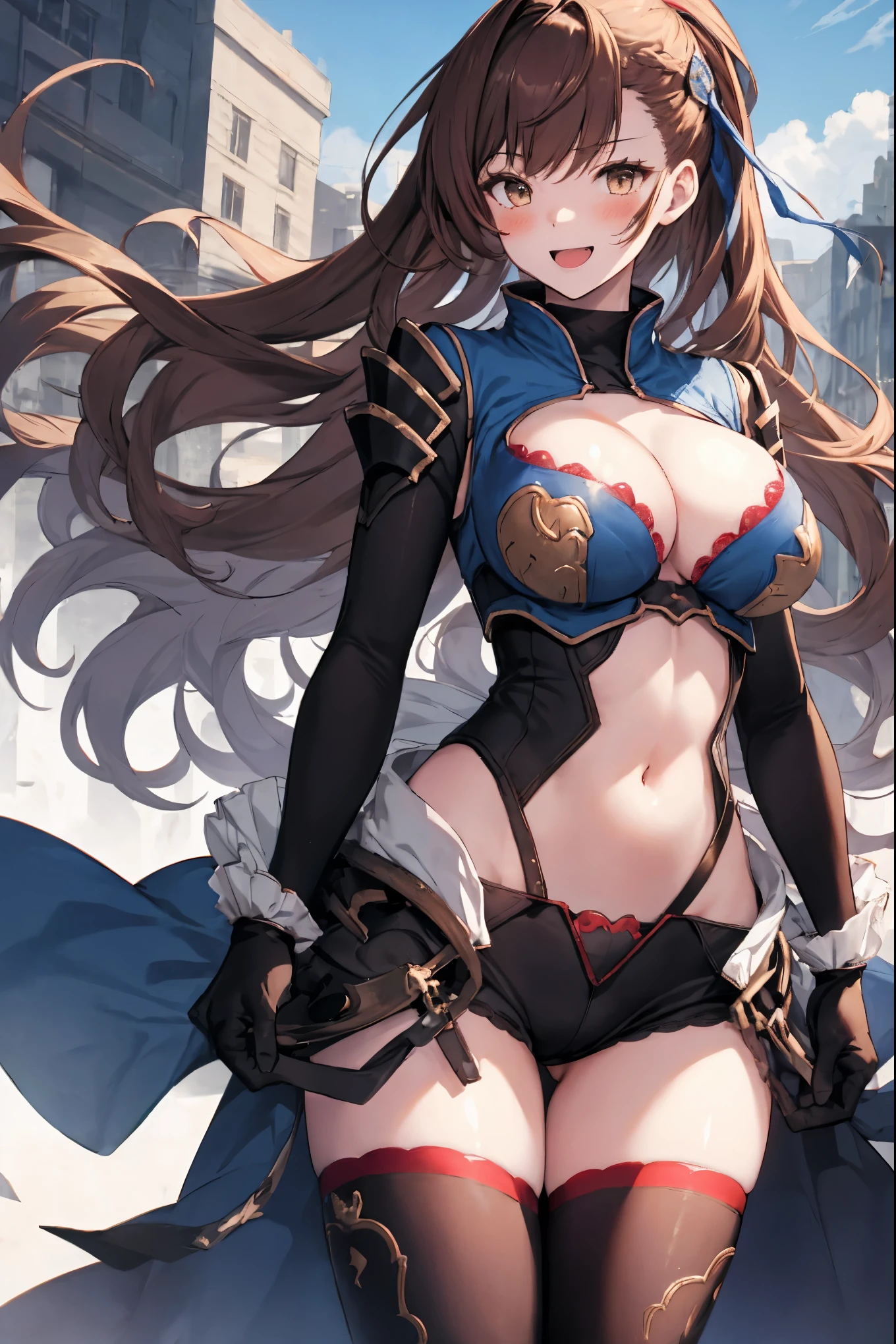 masterpiece, best quality, 1teen_girl,def,beatrix, ponytail, hair ribbon, gauntlets, blue shirt, gloves, cleavage cutout, looking at viewer, big_smile, large breasts, sky ,,happy,covered_nipples,young_,full_of_beans,,laugh,blush,open_mouth,thigh-highs, glower,open_legs,rise_knee,(angry:0.8)