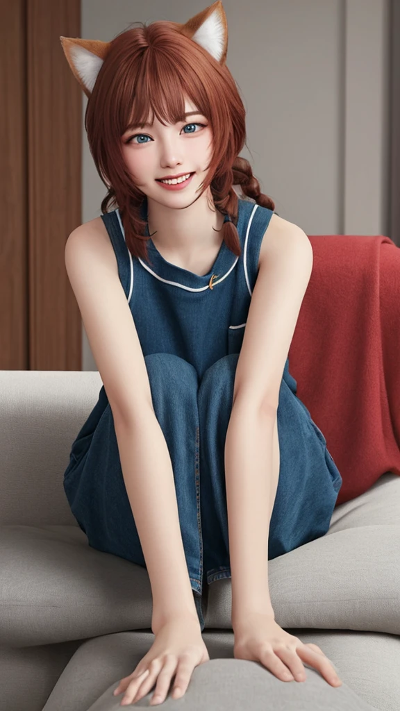 //quality, masterpiece:1.4,detailed:1.4,best quality:1.4, //,solo,1girl,//,brown cat ears,animal ear fluff,(light_brown hair),(red inner hair),straight bangs:1.4,long_hair,single braid:1.4,Ahoge,blue_eyes,medium chest,//, yellow hairpin,(crescent-shaped hairpin),off_shoulders,large red ribbon,fashion,(black pantyhose),//,mouth_open,upper_teeth,blush,smile,looking_down,looking_at_viewer,//,sitting, hugging own legs,feet up,knee_up,pov,pov leg,//,on_couch,indoors,low angle,