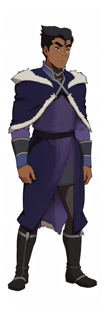 African-American, Bolin, water tribe traditional clothing mixed of blue and purple, with fur in shoulders and neck. Long sleeve, skinny, water tribe outfit. A dark blue or black high-collared sleeveless robe or tunic
A purple tabard or overtunic with lighter purple trim
A white fur-trimmed cape or cloak over the shoulders, fastened with a metal clasp
Black pants or leggings
Black boots that come up to just below the knee
A dark wristband or bracelet on one wrist

The character has dark skin, short black hair, and a serious expression. The outfit appears to be a mix of formal and practical styles, possibly indicating a character of some authority or importance in an animated series or film. The color scheme is primarily dark blues, purples, and black, with the white fur trim providing contrast.
