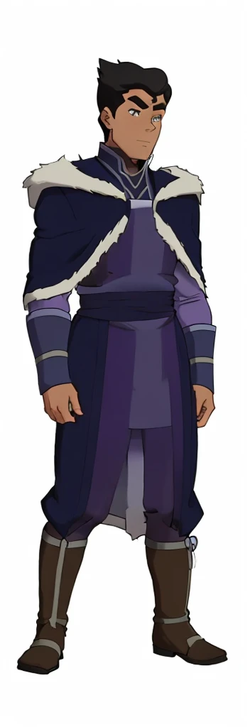 African-American, Bolin, water tribe traditional clothing mixed of blue and purple, with fur in shoulders and neck. Long sleeve, skinny, water tribe outfit. A dark blue or black high-collared sleeveless robe or tunic
A purple tabard or overtunic with lighter purple trim
A white fur-trimmed cape or cloak over the shoulders, fastened with a metal clasp
Black pants or leggings
Black boots that come up to just below the knee
A dark wristband or bracelet on one wrist

The character has dark skin, short black hair, and a serious expression. The outfit appears to be a mix of formal and practical styles, possibly indicating a character of some authority or importance in an animated series or film. The color scheme is primarily dark blues, purples, and black, with the white fur trim providing contrast.