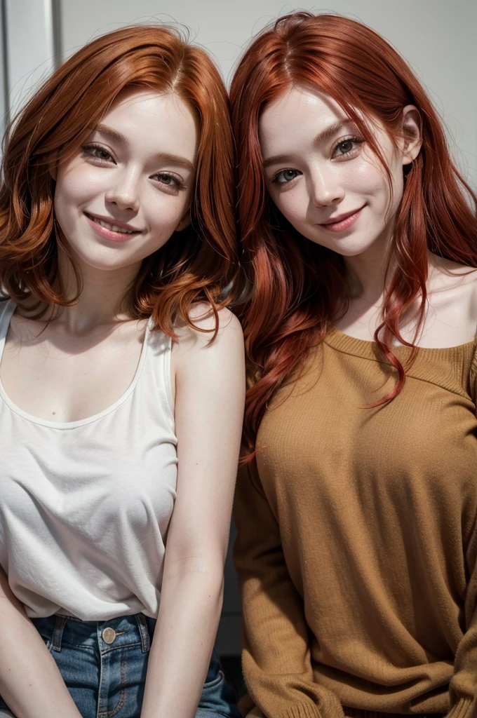 Draws two people, a man with long red hair, aged 25, and a tomboy short haired woman with red hair, the two smiling at each other posing for a photo
