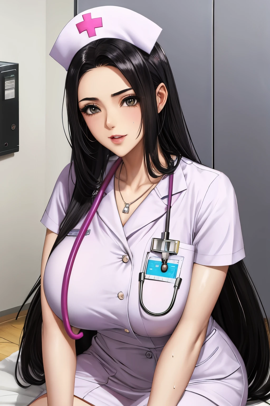 Long Hair,Black Hair,Straight hair,Female doctor,nurse,Big Breasts,valley,White,Shiny skin,Sweat
 