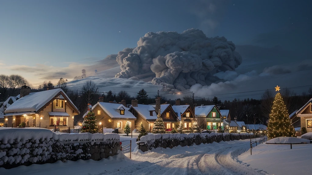 A quiet little village with snow-covered houses, smoke from chimneys, and pine trees decorated with Christmas lights