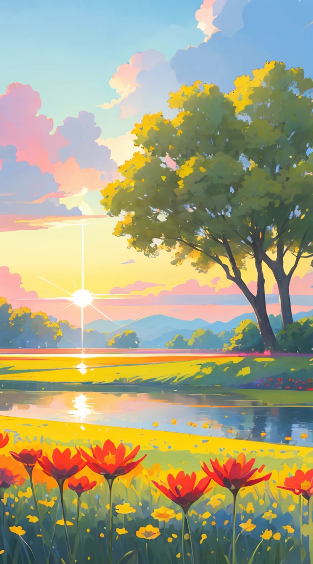 sunset, lake, Flower Field,
Pasture, Bright Sun, blue sky, performer, Big Clouds, 4K, amazing, sharp, Intricate details, (High resolution: 1.5), saturation, Plants in the water flowers, More land means less water, Tall Grass, Detailed plants and trees々