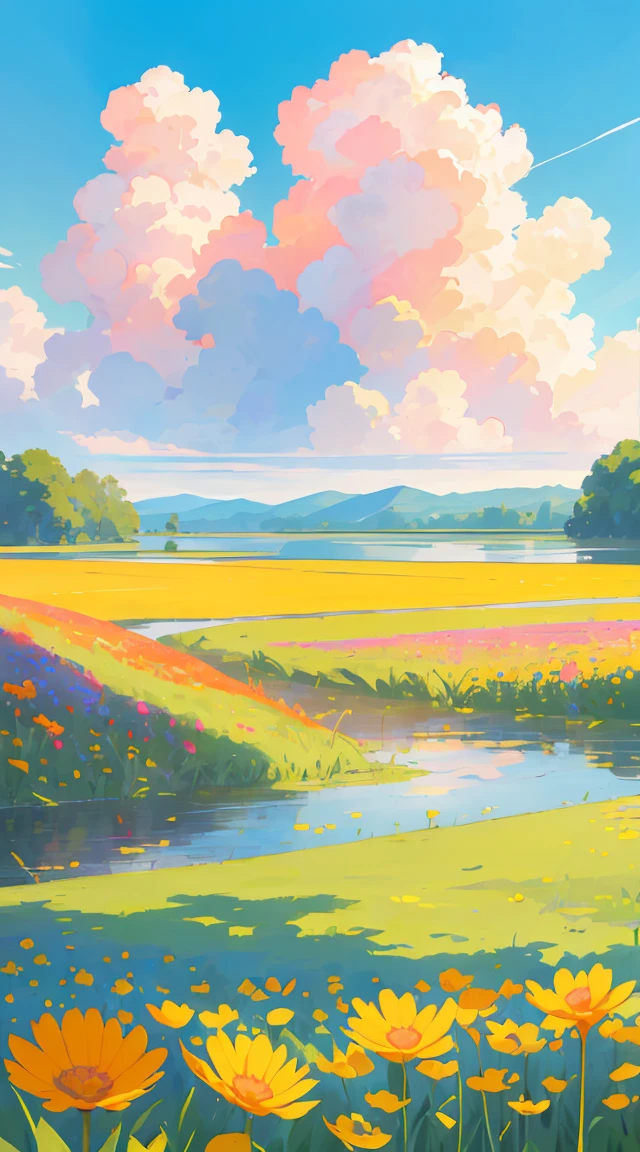 sunset, lake, Flower Field,
Pasture, Bright Sun, blue sky, performer, Big Clouds, 4K, amazing, sharp, Intricate details, (High resolution: 1.5), saturation, Plants in the water flowers, More land means less water, Tall Grass, Detailed plants and trees々