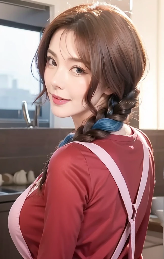 high quality, ultra detailed, masterpiece, realistic, 1girl, mature female, 40 years old, red clothes, pink apron, large breasts, brown hair, single braid, open mouth, smile, looking at viewer, blue hair tie, ultra high res.photo realistic: 1.4, UDH