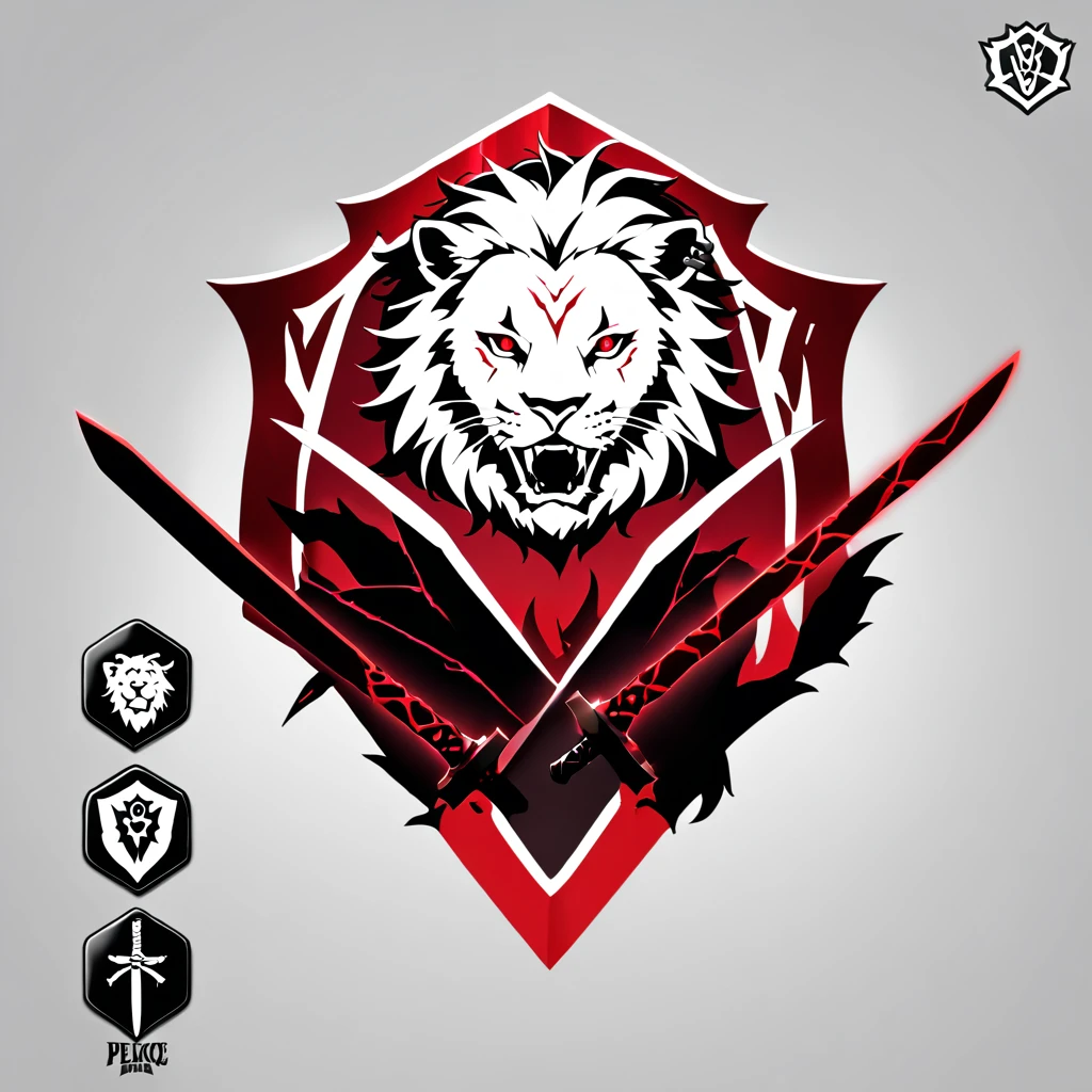 no words, a lion-like creature, in red, black and white. Two swords pierce from inside her mouth and come out through her head. The beast displays a menacing look with crossed swords entering its mouth and piercing its head. two swords, two swords penetrating the creature. Badge of clan, icon, logo, simple background
