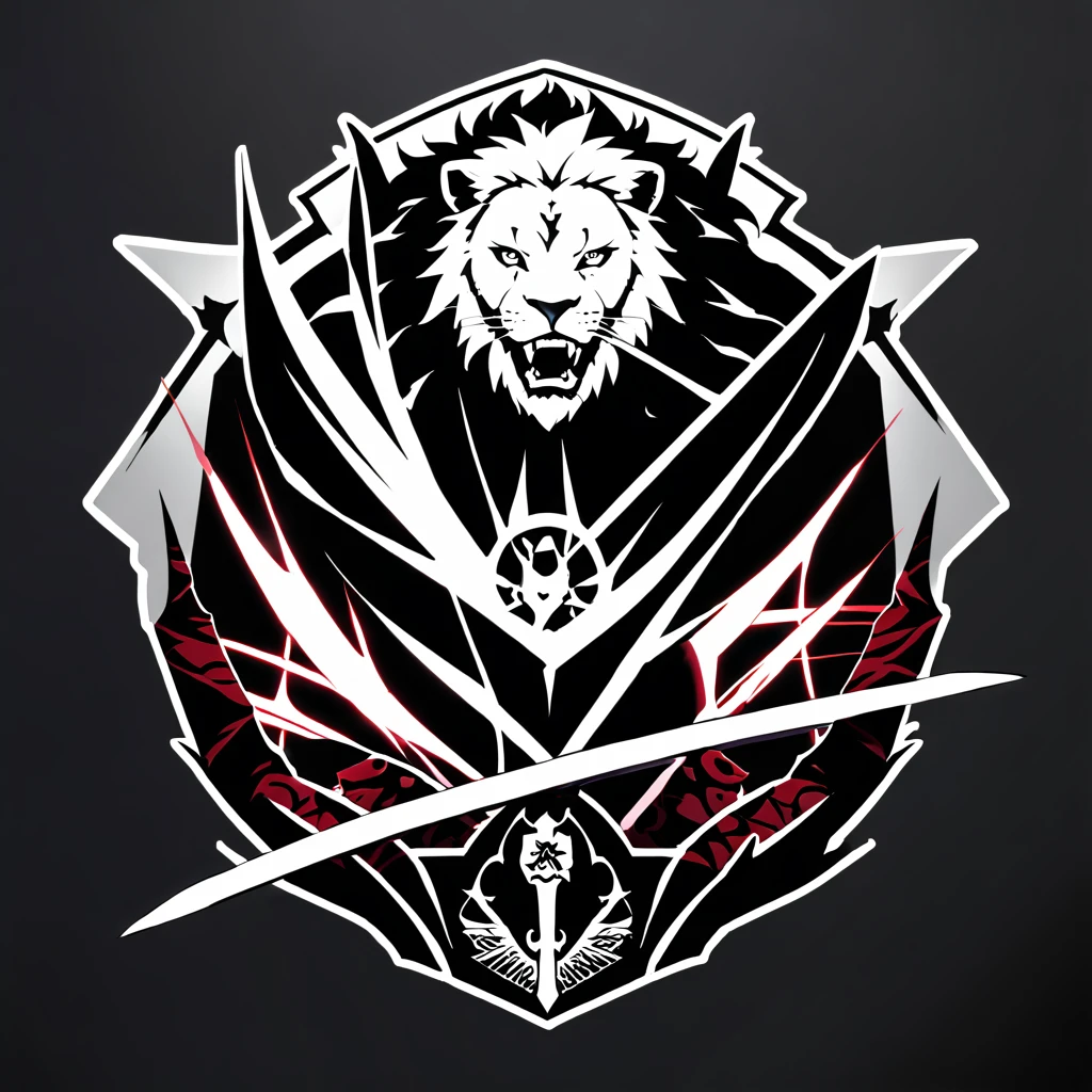 no words, a lion-like creature, in red, black and white. Two swords pierce from inside her mouth and come out through her head. The beast displays a menacing look with crossed swords entering its mouth and piercing its head. two swords, two swords penetrating the creature. Badge of clan, icon, logo, simple background