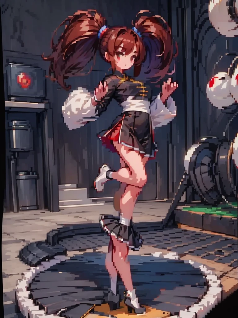 masterpiece, Highest quality, 8K, Pixel Art, ((One woman)), whole body, fine, fineな顔, {{Chinese clothing, red, mini, Tai Chi Pattern}}Chinese clothing, Brown Hair, Ring-shaped hair, Twin tails, Roundhouse kick, Genocide Cutter, legs raised high, kick trajectory, effect, 炎のeffect, 派手なeffect