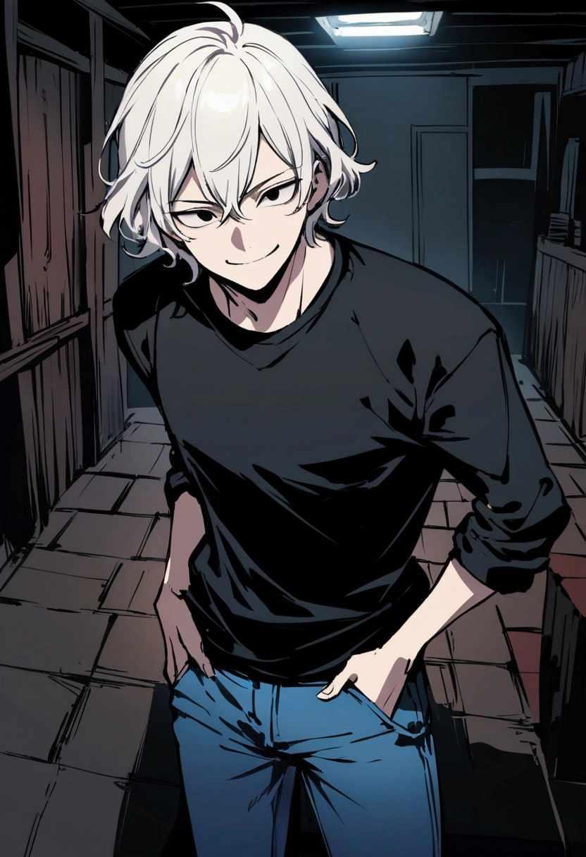 Man with short wavy white hair, black eyes, wearing a black sweatshirt and jeans, with a smiling and sinister expression on his face in a basement.
