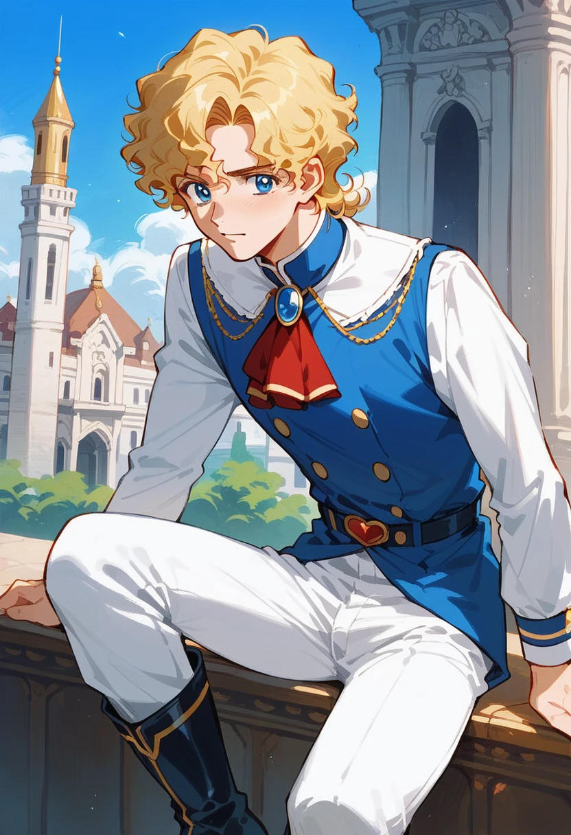 Blonde curled hair, long cold blue eyes, charter, ruffled blue uniform hanging from a red brooch on the collar, men, white pants, knee-high boots to the thigh, retro manga style, Palace of Versailles