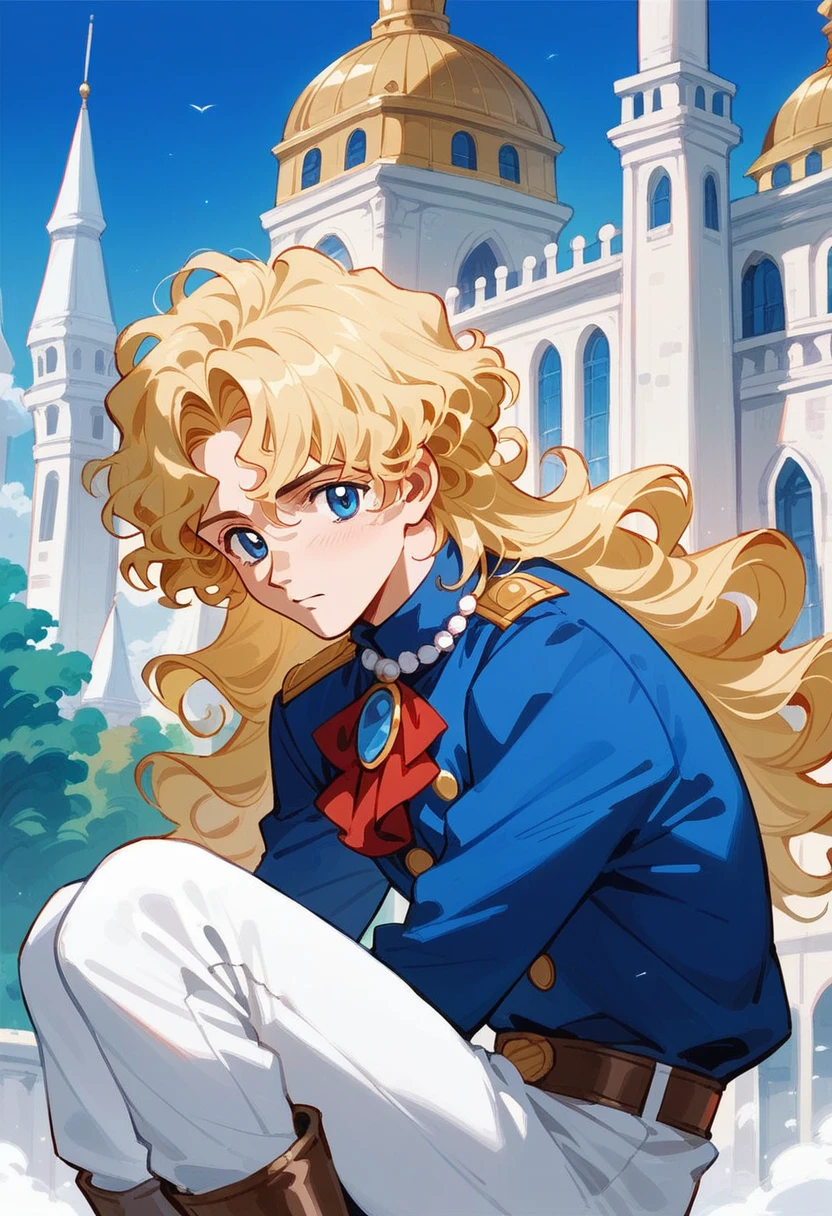 Blonde curled hair, long cold blue eyes, charter, ruffled blue uniform hanging from a red brooch on the collar, men, white pants, knee-high boots to the thigh, retro manga style, Palace of Versailles