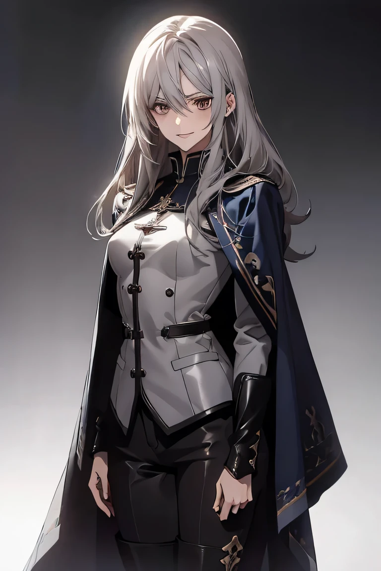 (Confused, High resolution, Very detailed), 1 female, Silver Hair,Long Hair,Reddish brown eyes,Blue and black military uniform,24th generation,beauty,mature,thin,quiet,calm,A small smile,Long Cape,Slender and thin,Knee-high boots,skinny pants,Hanger,Small breasts,thin body,Are thin