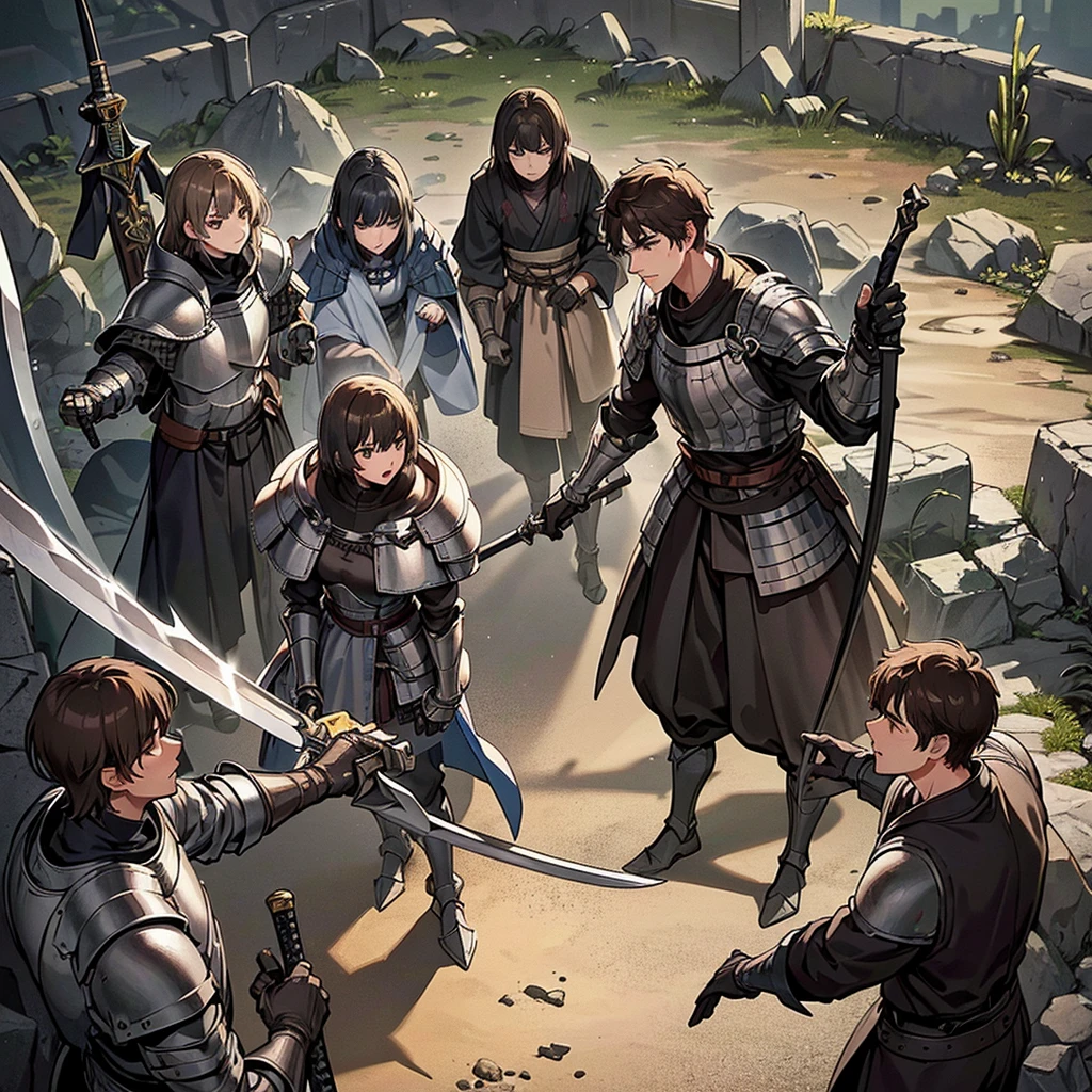 Best illustrations、Best Quality、(((Simple grey armor、Black trousers、Black gloves、Short Hair、Brown Hair、20 year old man)))、(((Grab the sword、Get Ready)))、(Old ruins、desert。Grass)、Fall to the floor、(Black, muddy swamp)、(仮面の中世の騎士が10 people)、(get annoyed、Open your mouth、Get angry)、(lots of medieval knights、10 people)、battlefield、(From above)、(White background)