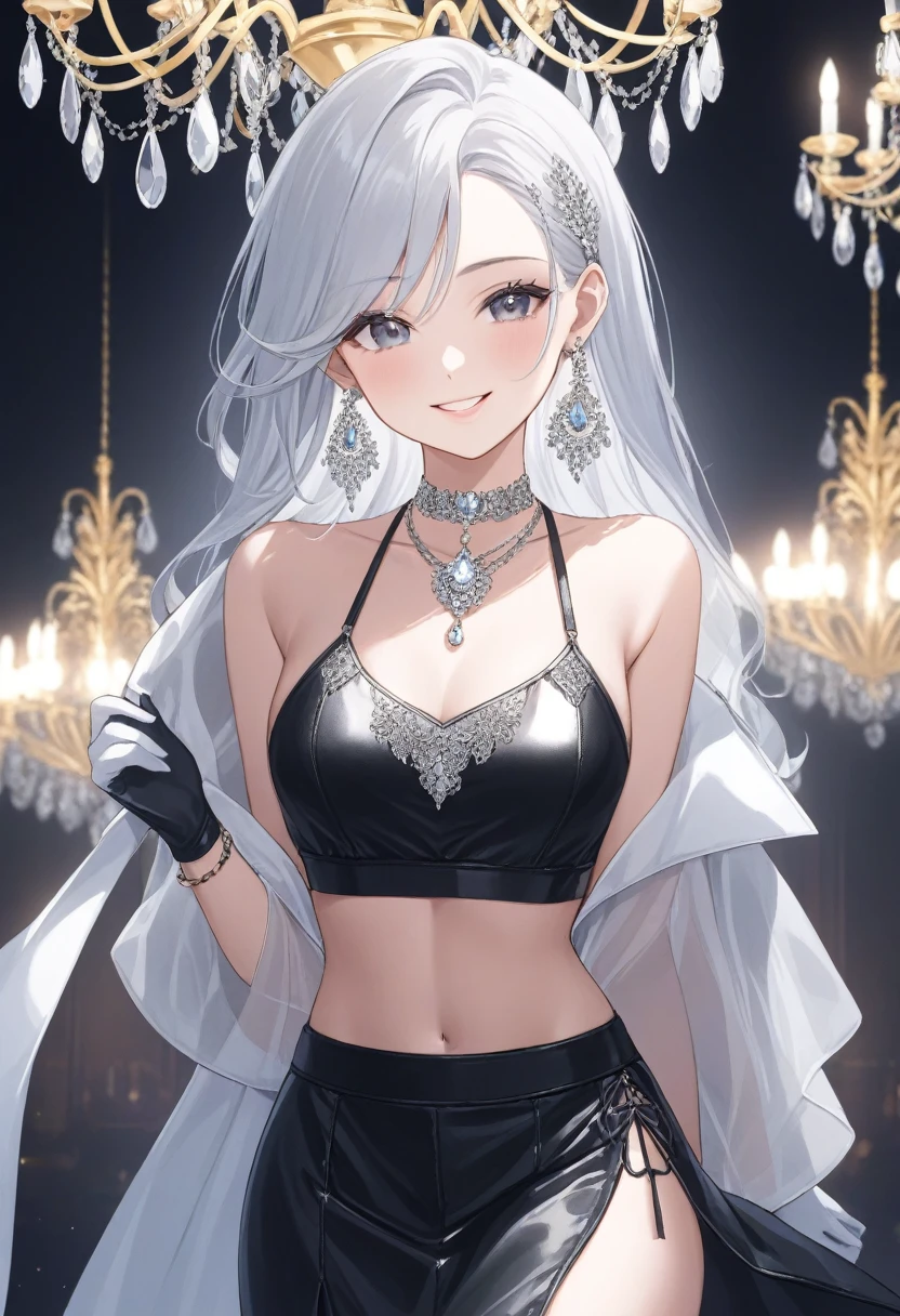 score_9, score_8_up, score_7_up, score_6_up, score_5_up, score_4_up, yu smiling, , detailed face, big silver chandelier earrings, makeup,white skin,sharp jawline ,big earrings,see through crop top,leather skirt,hand gloves,underwear, bracelet, delicate necklace