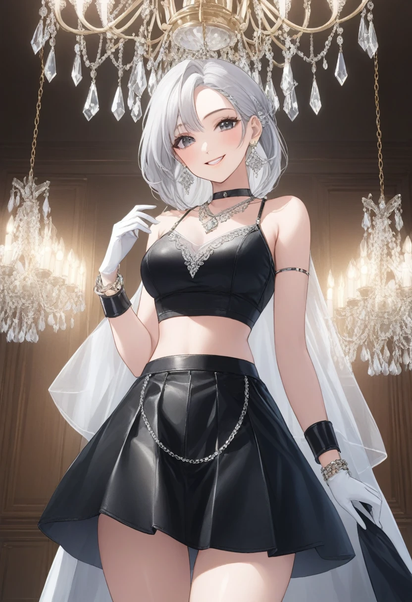 score_9, score_8_up, score_7_up, score_6_up, score_5_up, score_4_up, yu smiling, , detailed face, big silver chandelier earrings, makeup,white skin,sharp jawline ,big earrings,see through crop top,leather skirt,hand gloves,underwear, bracelet, delicate necklace