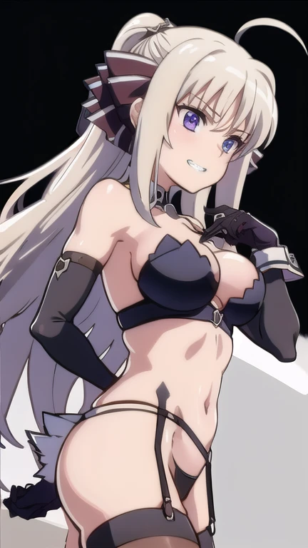 prison, from below, femdom, ((dominatrix)), ((looking down at viewer)), female standing, evil grin, bare shoulders, black bustier, black stockings, black g-string, black high heels, Black garter belt, black elbow gloves,
One girl, Long Hair, Purple eyes, chest, Ahoge, very Long Hair, large breasts, ribbon, hair ribbon, ponytail, bangs,