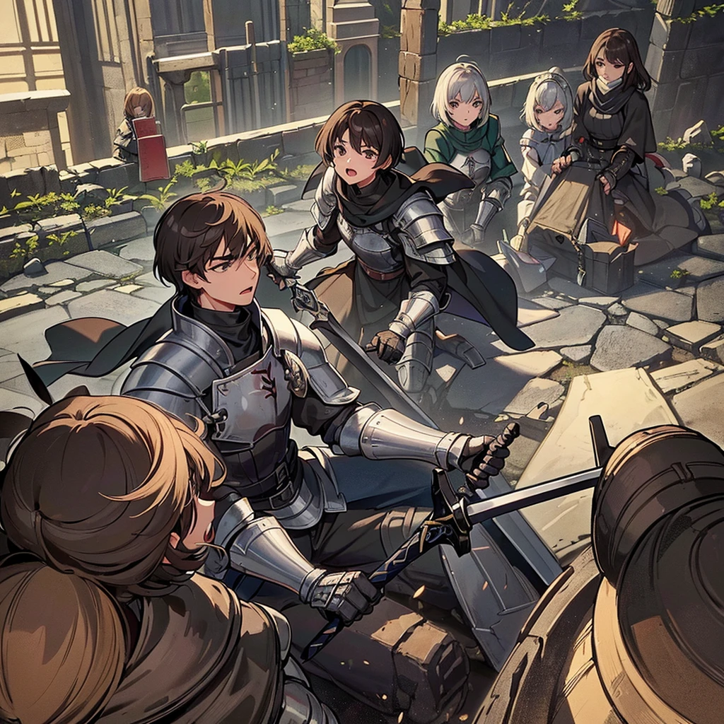 Best illustrations、Best Quality、(((Simple grey armor、Black trousers、Black gloves、Short Hair、Brown Hair、20 year old man)))、(((Grab the sword、Get Ready)))、(Old ruins、desert。Grass)、Fall to the floor、(Black, muddy swamp)、(仮面の中世の騎士が10 people)、(get annoyed、Open your mouth、Get angry)、(lots of medieval knights、10 people)、battlefield、(From above at an angle)、(White background)