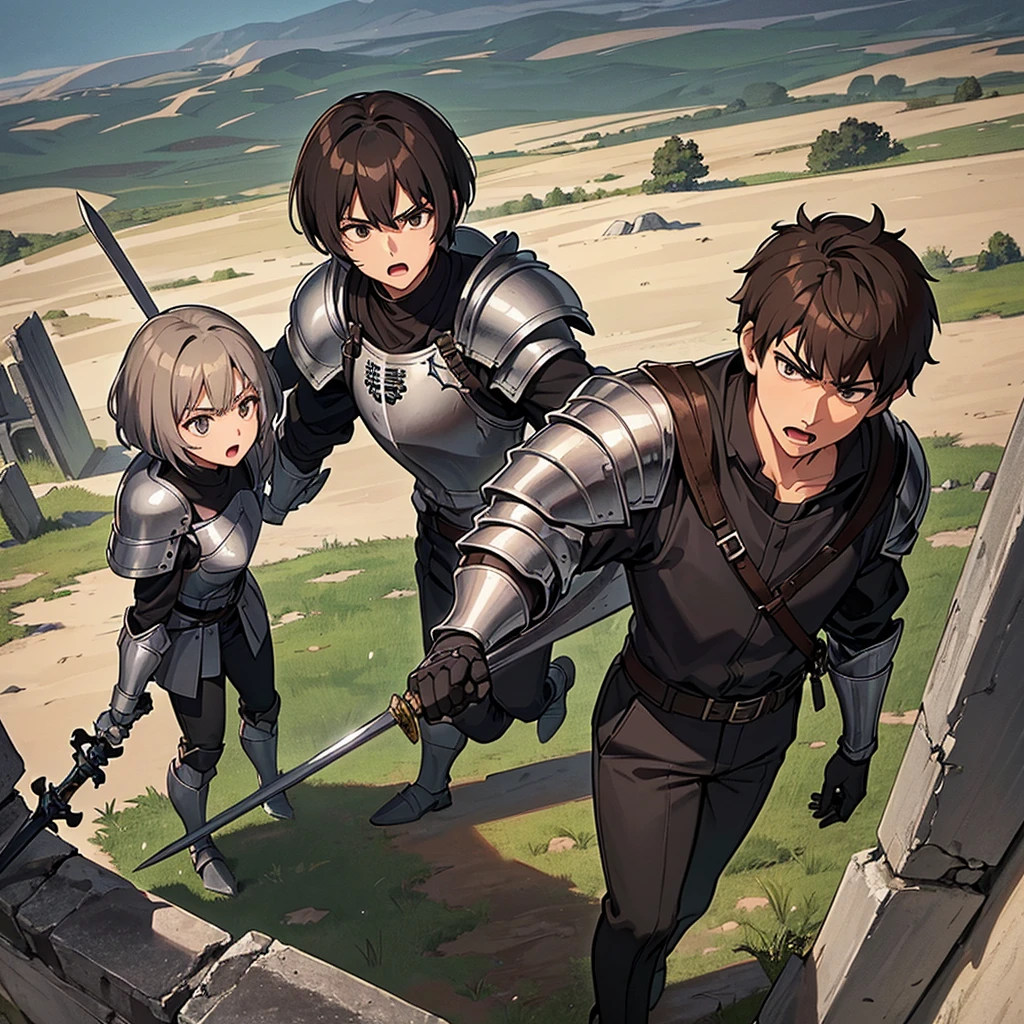 Best illustrations、Best Quality、(((Simple grey armor、Black trousers、Black gloves、Short Hair、Brown Hair、20 year old man)))、(((Grab the sword、Get Ready)))、(Old ruins、desert。Grass)、Fall to the floor、(Black, muddy swamp)、(仮面の中世の騎士が10 people)、(get annoyed、Open your mouth、Get angry)、(lots of medieval knights、10 people)、battlefield、(From above at an angle)、(White background)