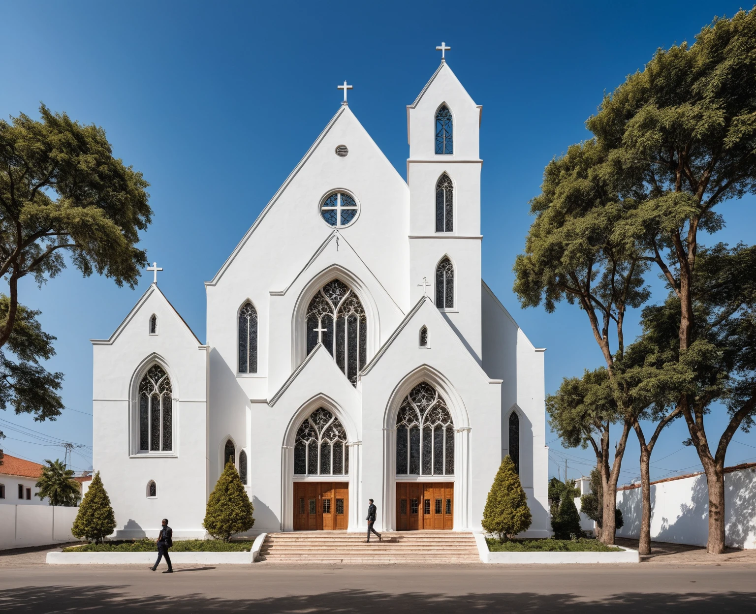 raw photo, best quality, ultra realistic, masterpiece, best quality skin, photography hd, dslr,
tcs, httlvn,a modern church, road, people, house, facade design, outdoors, church, cross on top, 3 arched windows, 3 column, sunshine, street view, depth of view from the tree, white wall, one building,
