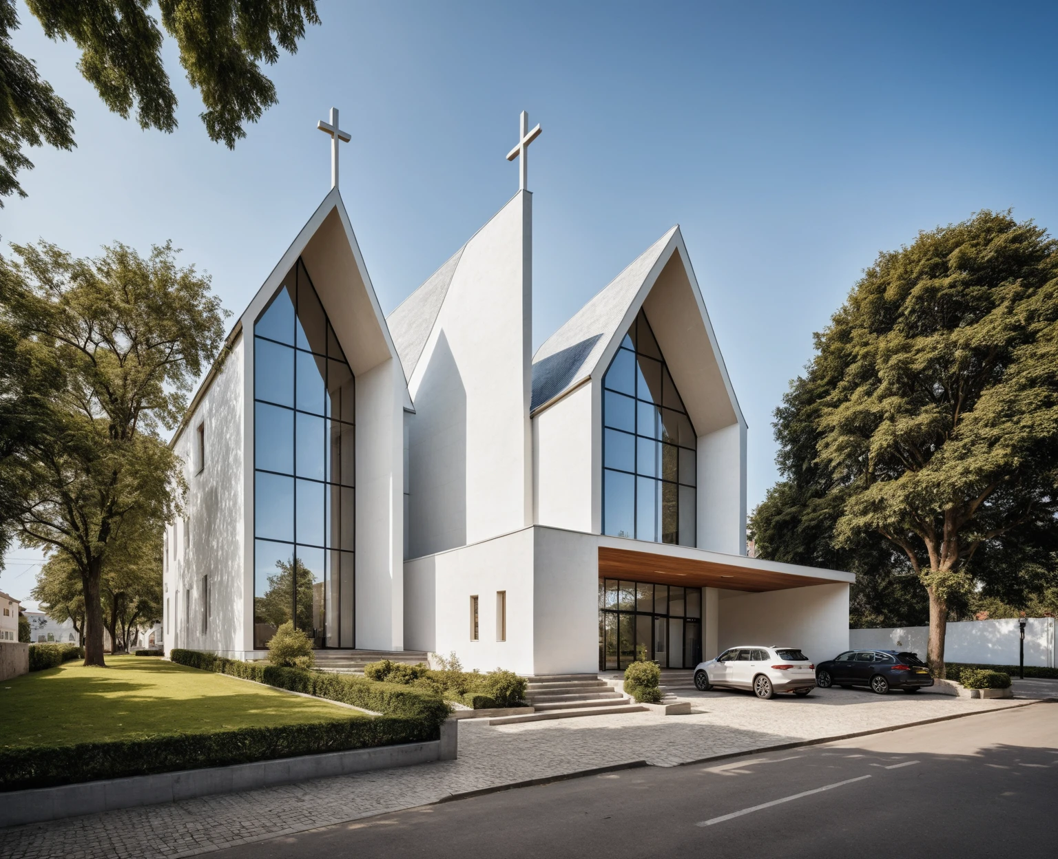 raw photo, best quality, ultra realistic, masterpiece, best quality skin, photography hd, dslr,
tcs, httlvn,a modern church, road, people, house, facade design, outdoors, church, cross on top, 3 arched windows, 3 column, sunshine, street view, depth of view from the tree, white wall, one building,