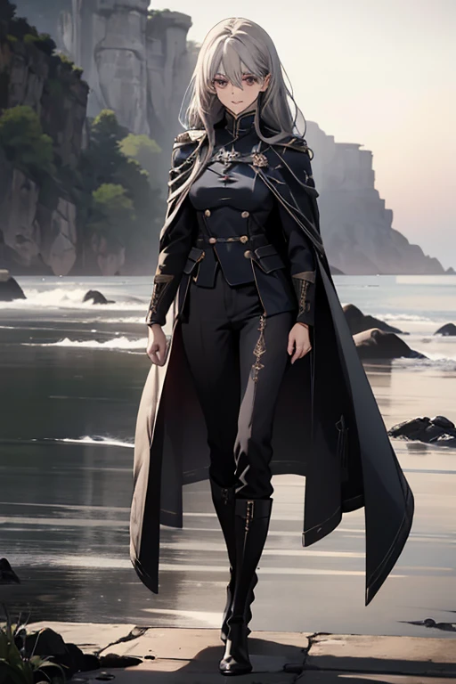 (Confused, High resolution, Very detailed), 1 female, Silver Hair,Long Hair,Reddish brown eyes,Blue and black military uniform,24th generation,beauty,mature,thin,quiet,Calm,A small smile,Cape,Slender and thin,Knee-high boots,skinny pants,Sea at dawn,Small breasts,thin body,Are thin