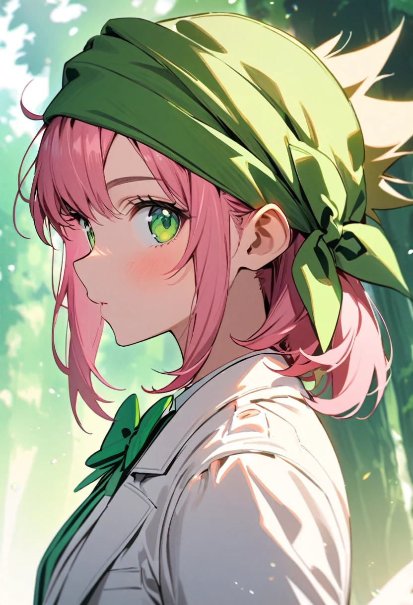 " girl with short spiky pink hair and vibrant green eyes,Sun-kissed skin, athletic build.white skirt, white blazer,green bow tie,leather bracelet, a bandana on her head,Lively and adventurous expression,portrait,side profile ,green tattoo,hand distant from the viewer,cute green forest spirit behind,