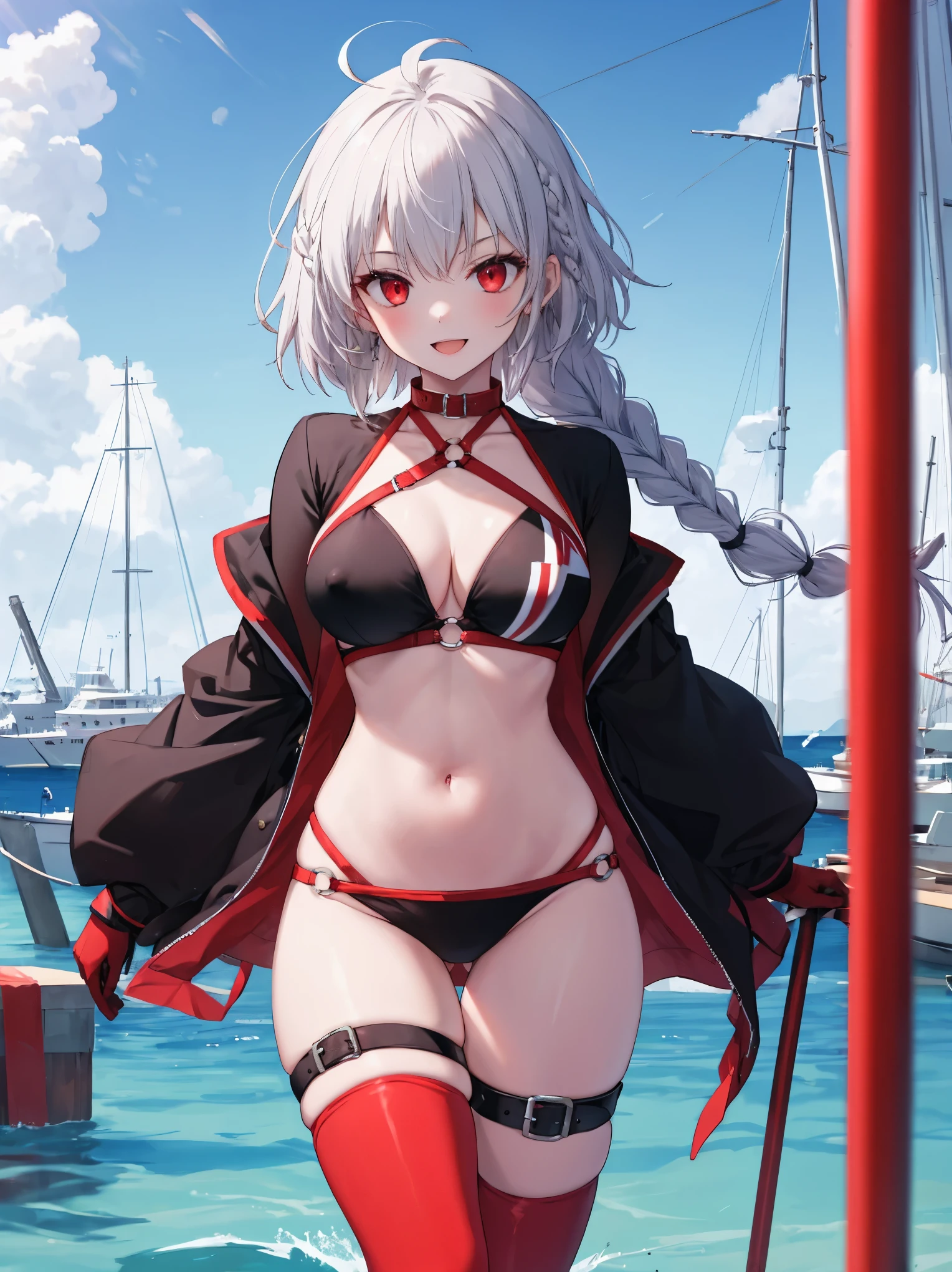 masterpiece, best quality, 1girl, , silver hair, ahoge, red eyes, (single braid), braid, large_ breasts, , blue sky,covered_groin,covered_nipples,solo,young,,open_legs,knee_boots,cowboy_shot,crotch, asymmetrical legwear, long hair, bikini, black bikini, black gloves, gloves, long sleeves, navel, o-ring, o-ring bikini, o-ring bottom, o-ring top, puffy long sleeves, puffy sleeves, red legwear, single thighhigh, swimsuit, thigh strap, thighhighs, uneven legwear,smile,nihil,open_mouth,angry,harbor_town_background,