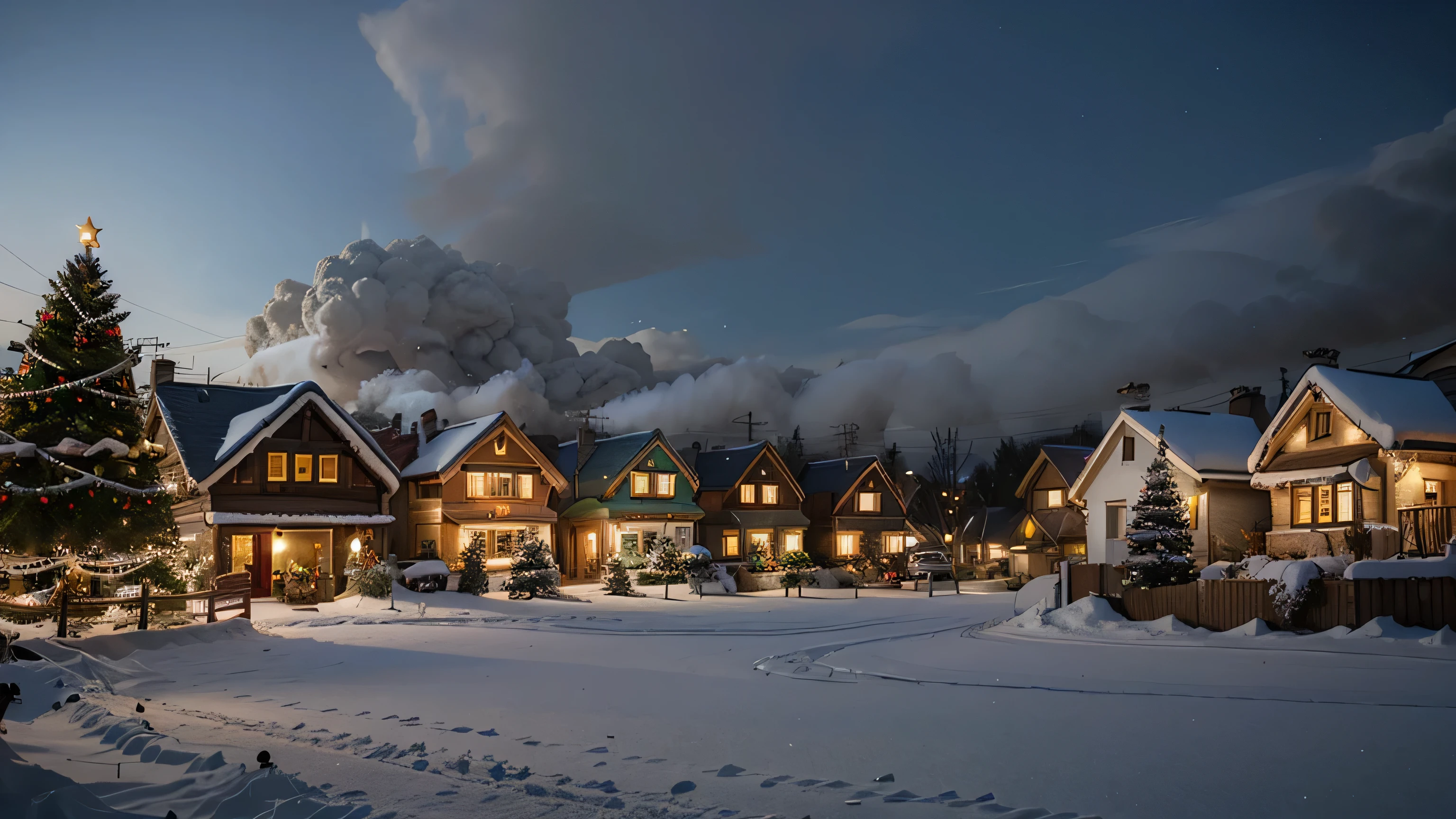 A quiet little village with snow-covered houses, smoke from chimneys, and pine trees decorated with Christmas lights