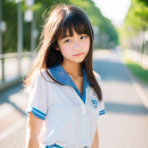 lens: 135mm f1.8,(Highest quality), (Beautiful 14 year old Japanese girl),  (Moist lips), Narrow eyes, double eyelid,Delicate clavicle,Flat Chest,Shortcuts,
 (Let me me&#39;Let me&#39;Let&#39;s take another look),  A faint smile, Professional Lighting, 
(School Uniform), (Sunburned skin:0.2),(Full body photo)、Full Body Focus、knees