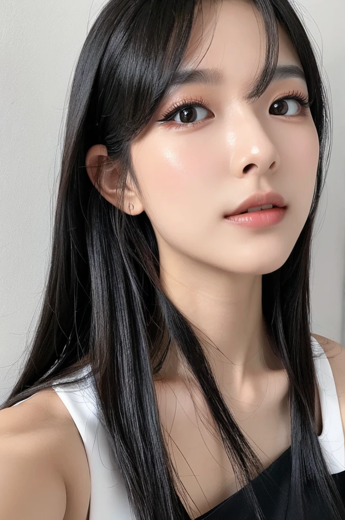 Selfie,looking at the camera,Black Hair,Long Hair,Drooping eyes,Double,pretty girl,Smokey Makeup,Matte finish makeup,eye shadow,mascara,camisole,White background,