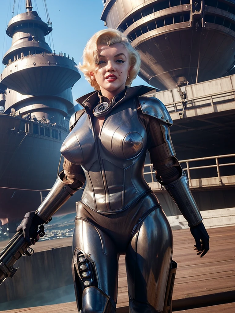 (Steampunk)(cybernetic Assassin woman (M_Monroe), 2 obviously steam driven limbs, seductive infiltration suit, big gun), airships berthed in drydock in background