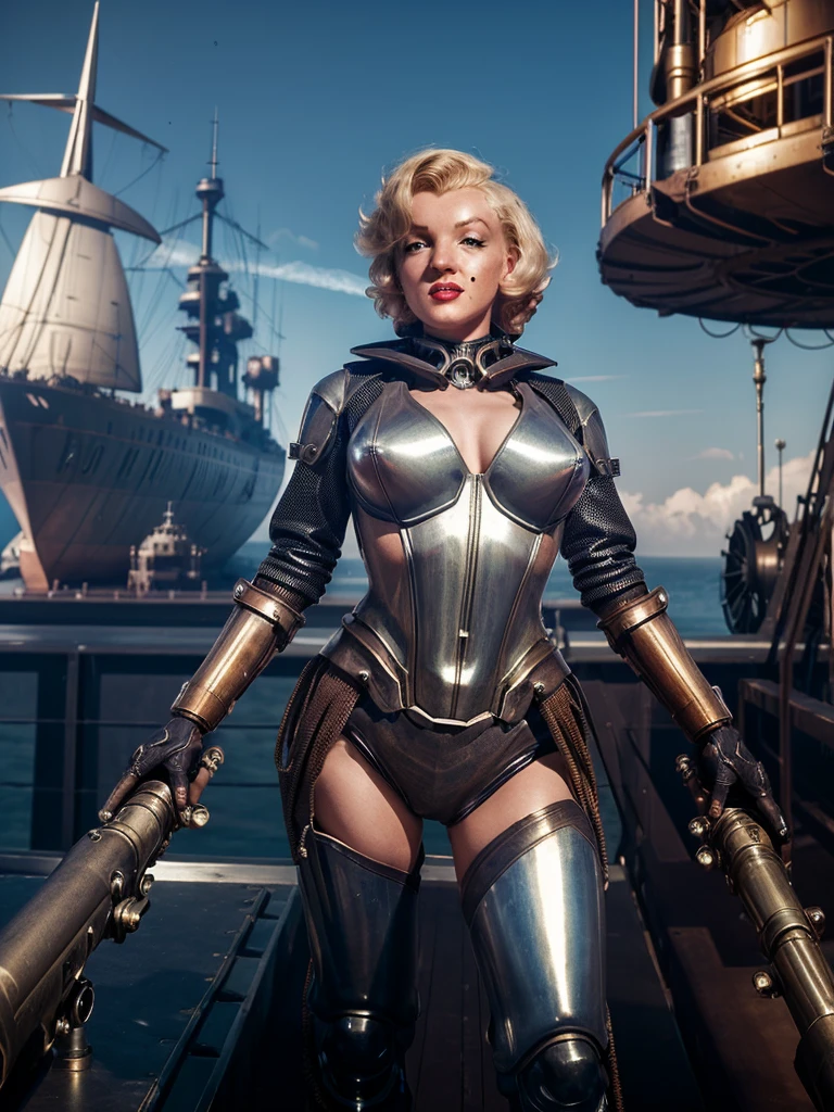 (Steampunk)(cybernetic Assassin woman (M_Monroe), 2 obviously steam driven limbs, seductive infiltration suit, big gun), airships berthed in drydock in background