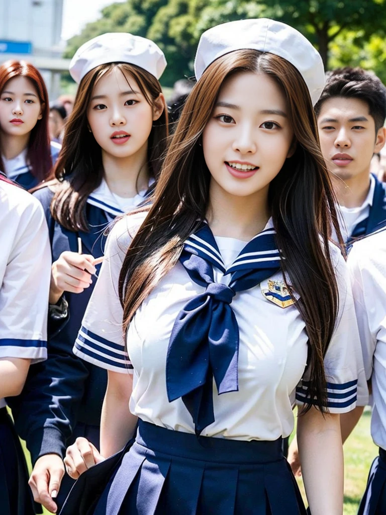 (A photo of a super cute Korean schoolgirl walking with some strong bodyguards:1.2)(laughing:1.1)(Beautiful Sweat:1.1)(16K, RAW Photos, Highest quality, masterpiece: 1.2),(A cute hairstyle with shiny brown hair) Super detailed, Super Resolution, (Genuine, Genuine photos: 1.37), Portraiture, High-resolution RAW color photos, Professional photos, Very detailed, 8k wallpaper, Very detailed CG Unity 8k wallpaper, Very detailed beautiful girls, Very detailed faces, ((whole body)), beautiful woman, Huge breasts,(huge boobs:1.1) (Big Boobs:1.1), beautiful  (Wear the school-issued sailor uniform:1.2),high school girl, Korean Girls,(K-POP Female Idols), (Idol-class beauty)(Beautiful high school girl:1.1)(A rough school building)()(Cute sailor-style school uniform:1.1)