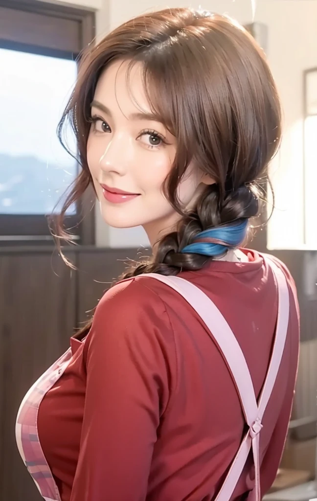 high quality, ultra detailed, masterpiece, realistic, 1girl, mature female, milf, motherly, 40 years old, red clothes, pink apron, large breasts, brown hair, single braid, open mouth, smile, looking at viewer, blue hair tie, ultra high res.photo realistic: 1.4, UDH