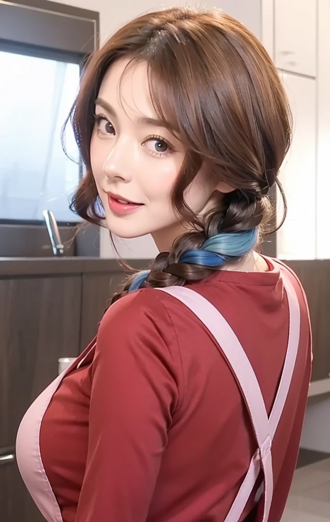 high quality, ultra detailed, masterpiece, realistic, 1girl, mature female, milf, motherly, 40 years old, red clothes, pink apron, large breasts, brown hair, single braid, open mouth, smile, looking at viewer, blue hair tie, ultra high res.photo realistic: 1.4, UDH