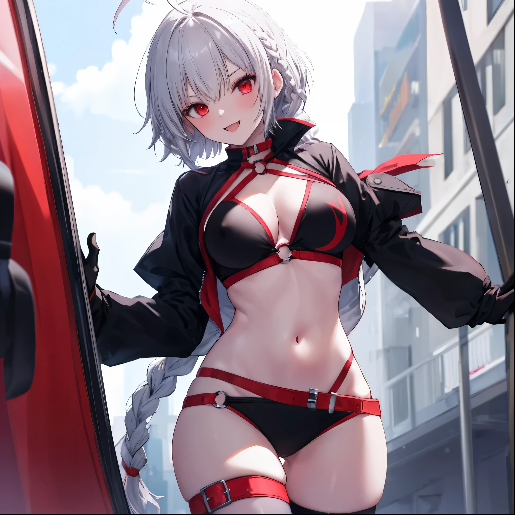 masterpiece, best quality, 1girl, , silver hair, ahoge, red eyes, (single braid), braid, large_ breasts, , blue sky,covered_groin,covered_nipples,solo,young,,open_legs,knee_boots,crotch_armor,cowboy_shot,crotch, asymmetrical legwear, long hair, bikini, black bikini, black gloves, gloves, long sleeves, navel, o-ring, o-ring bikini, o-ring bottom, o-ring top, puffy long sleeves, puffy sleeves, red legwear, single thighhigh, swimsuit, thigh strap, thighhighs, uneven legwear,smile,nihil,open_mouth,angry