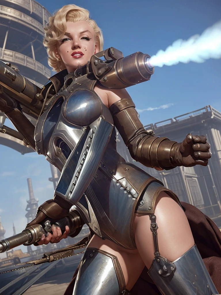 (Steampunk)(cybernetic Assassin woman (M_Monroe), 2 obviously steam driven limbs, seductive infiltration suit, big gun), airships berthed in drydock in background
